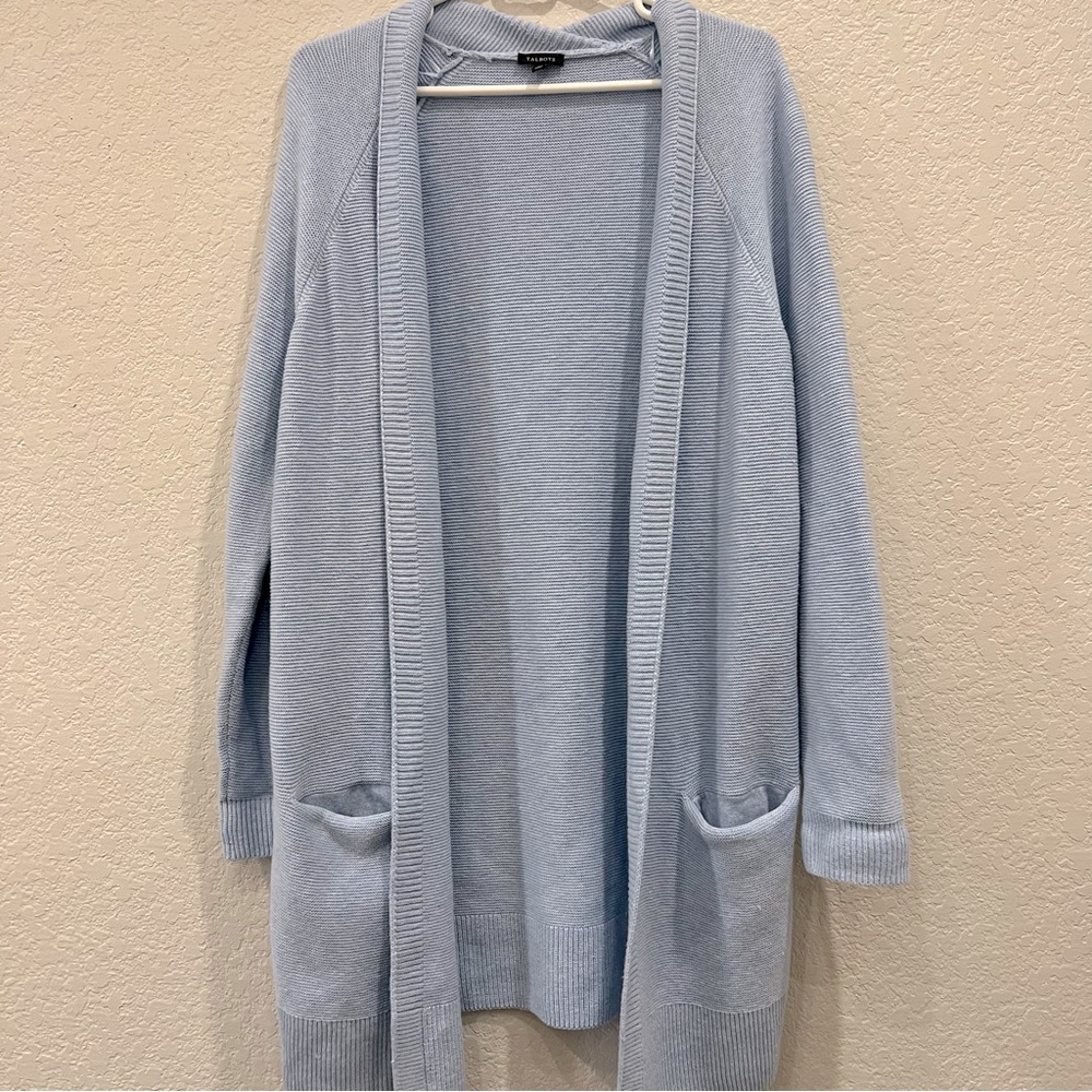 Talbots Women Long line Cardigan Light Blue Open Front Wool Blend Size Large